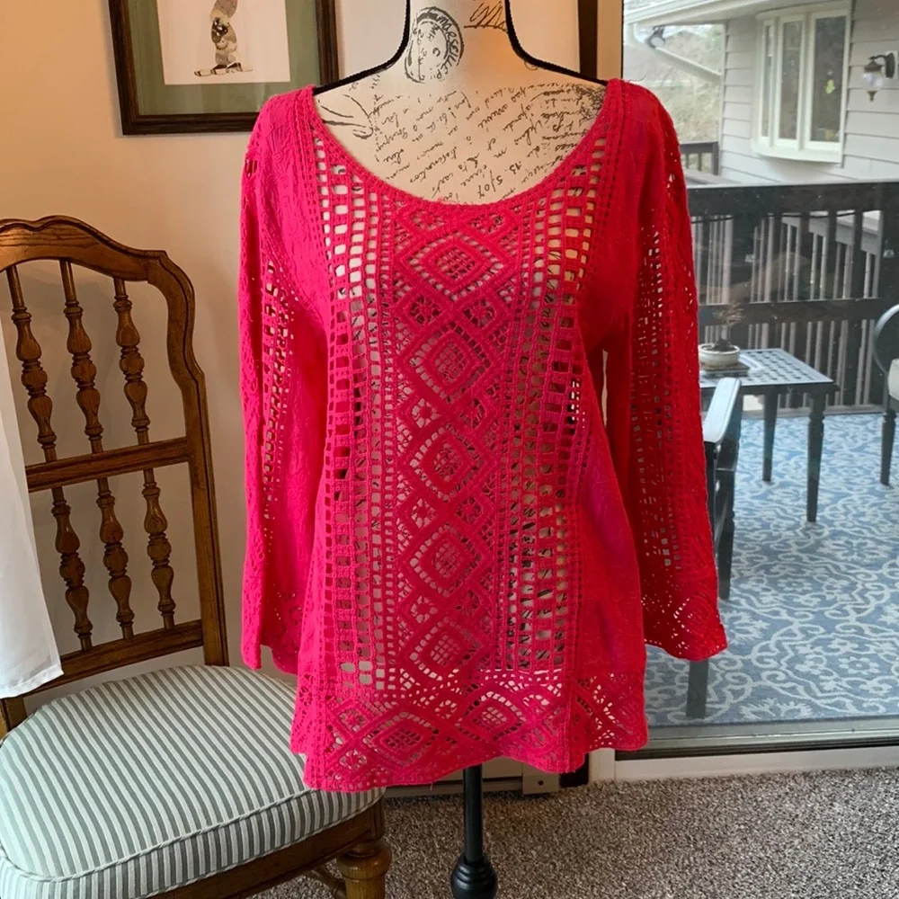 Anthropologie Crochet Lace Peasant Top in Raspberry Pink